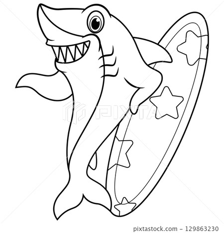 Cartoon smile shark holding surfing board line art 129863230