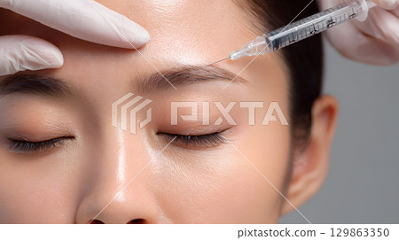 一名年輕女子正在接受透明質酸和肉毒桿菌注射的臉部護理治療，以抗衰老 129863350