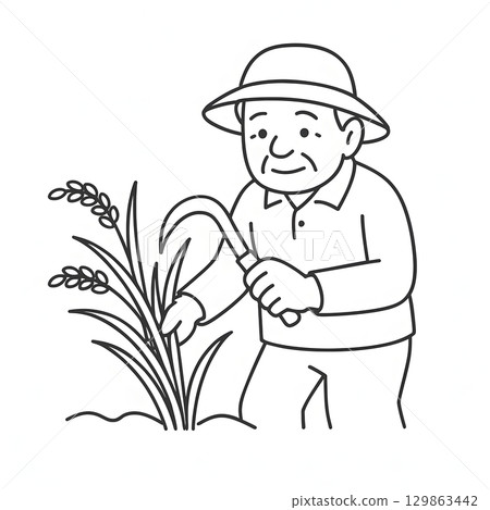 A simple black and white line drawing of an elderly farmer grandfather harvesting rice 129863442
