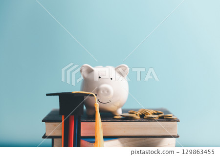 Concept of saving money for education, student loan, scholarship in future. Piggy bank with graduation hat, stack of coins. Earth globe with graduation hat, dollar banknotes on table. Tuition fees 129863455