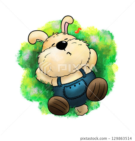 Cartoon rabbit wearing overalls is humming on grassland color illustration 129863514