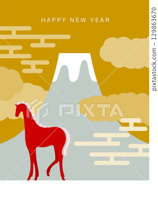 新年素材：簡約時尚的富士山與流雲駿馬新年賀卡素材（馬年） 129863670