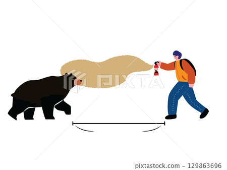 Man sprays bear repellent after encountering a wild bear 129863696