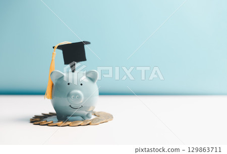 Concept of saving money for education, student loan, scholarship in future. Piggy bank with graduation hat, stack of coins. Earth globe with graduation hat, dollar banknotes on table. Tuition fees 129863711