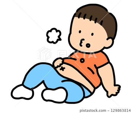 Overeating and full stomach, comical man, Japanese 129863814