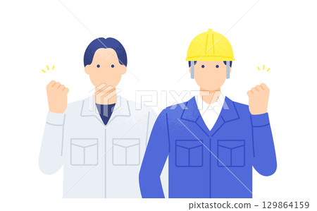 Civil engineering and construction site work. Construction workers with positive expressions. Illustration material of two men wearing work clothes. Civil engineering and construction site work. Construction workers with positive expressions. Illustration material of two men wearing work clothes. 129864159