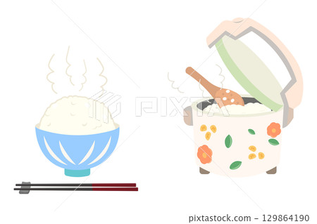 Illustration set of rice served in a bowl and rice cooked in a rice cooker Illustration set of rice served in a bowl and rice cooked in a rice cooker 129864190