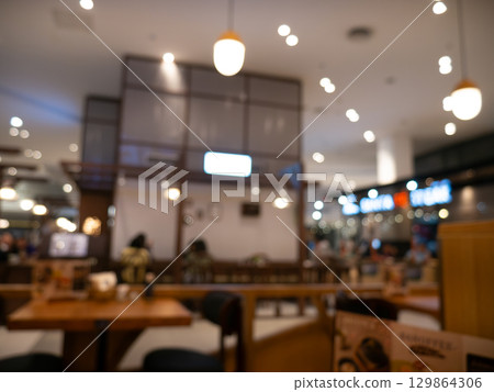 Defocused Scene of People in Restaurant Zone at shopping Mall Food Area Atmosphere. Busy Dining Background. 129864306