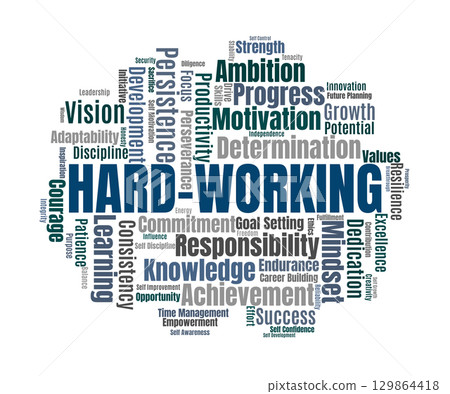 Hard Working Word Cloud. A Visual Representation Of Determination, Persistence, And Success Through Dedication, Growth, And Lifelong Learning. Hard Working Word Cloud. A Visual Representation Of Determination, Persistence, And Success Through Dedication, Growth, And Lifelong Learning. 129864418