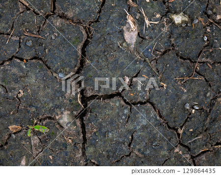 Dry cracked dark soil texture background in nature. Dry cracked dark soil texture background in nature. 129864435
