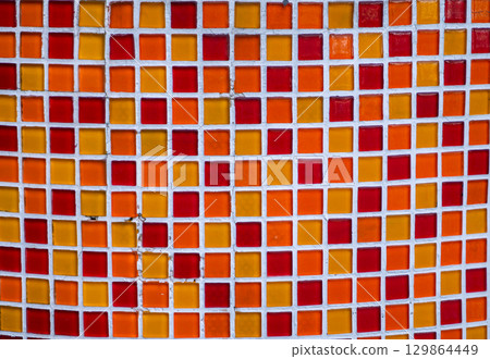 Red and Orange Mosaic Tiles Texture Background. 129864449