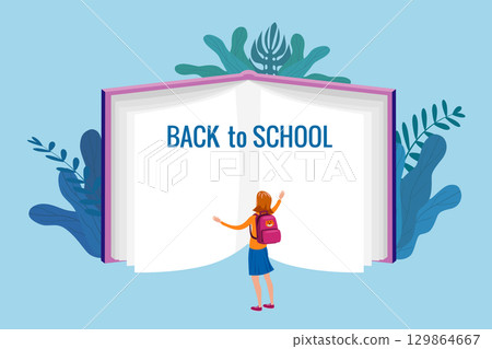 Back to school, the student girl stands in front of an open book of knowledge Back to school, the student girl stands in front of an open book of knowledge 129864667