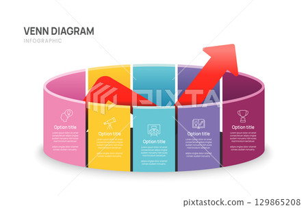 Infographic template. Curved banner with 5 steps options, presentation with venn diagram elements vector illustration. 129865208