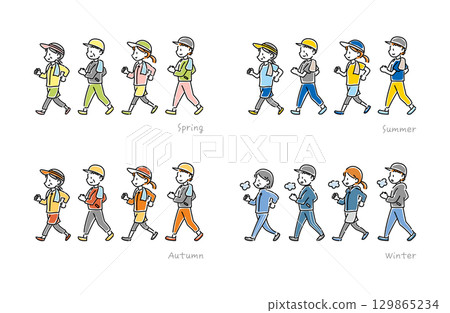 向量圖的男女行走，四個季節設置 129865234