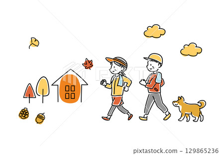 一對老年夫婦和他們的狗在秋天散步的向量插圖 129865236