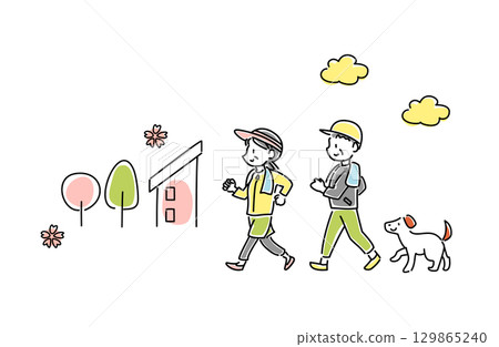 一對老年夫婦和他們的狗在春天散步的向量插圖 一對老年夫婦和他們的狗在春天散步的向量插圖 129865240