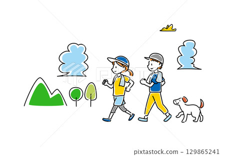 夏季散步的男人、女人和狗的向量插圖 129865241