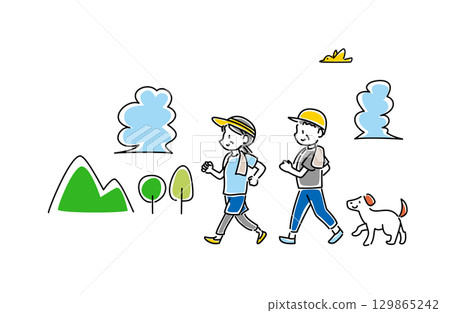 Vector illustration of an elderly couple and their dog walking in summer 129865242