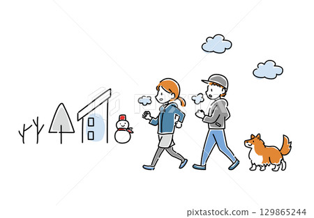冬季散步的男人、女人和狗的向量插圖 129865244