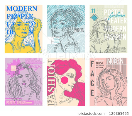 Woman face poster. Fashion magazines templates. Beautiful young female portraits. Line sketch drawing. Stylish hairstyle. Fashionable girls. Booklet page design. Vector glamour journal banners set 129865465
