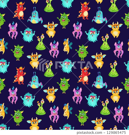 Monster alien seamless pattern. Cute creepy characters, childish demons, different colorful cartoon flat creations. Decor textile, wrapping paper, wallpaper. Print for fabric tidy vector background 129865475