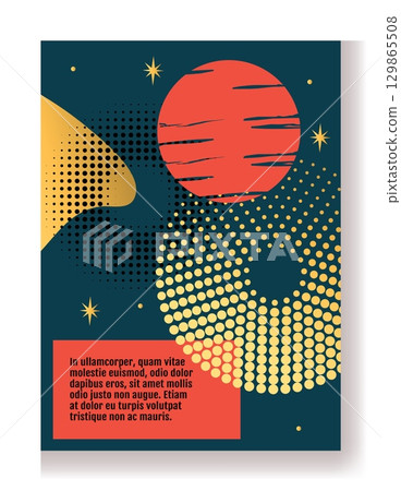 Abstract poster. Geometric red circle. Yellow dots pattern. Contemporary art brochure. Graphic round shape. Creative graphic background Modern color flyer. Book cover. Vector banner design template 129865508