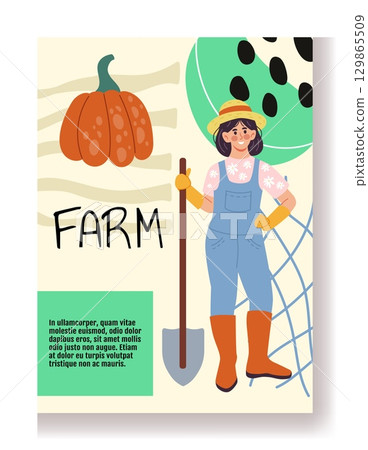Art abstract poster. Gardener with shovel. Pumpkin harvest. Happy farmer. Happy woman working in farm. Garden plant cultivation. Agriculture worker. Doodle shapes collage. Vector gardening card design Art abstract poster. Gardener with shovel. Pumpkin harvest. Happy farmer. Happy woman working in farm. Garden plant cultivation. Agriculture worker. Doodle shapes collage. Vector gardening card design 129865509