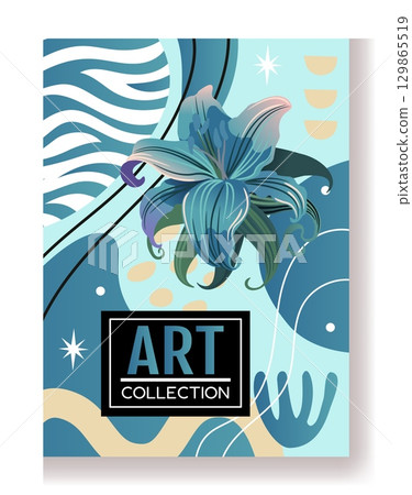 Art poster. Abstract geometric shapes. Blooming flower bud. Amorphous organic forms. Lily blossom petals. Botanical Brutalist composition. Collage brochure. Creative exhibition. Vector card design 129865519