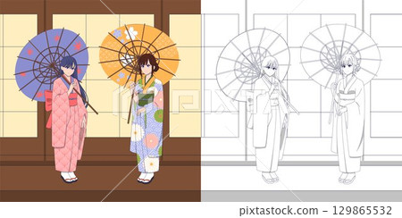 Japanese girl in kimono. Cartoon anime coloring book. Traditional yukata drawing in Asian style. Manga outline costume page illustration. Culture in Asia. Kyoto house room. Vector worksheet design Japanese girl in kimono. Cartoon anime coloring book. Traditional yukata drawing in Asian style. Manga outline costume page illustration. Culture in Asia. Kyoto house room. Vector worksheet design 129865532