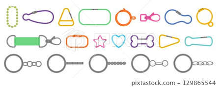 Bag for clasp. Icon of cute clip, keychain, chain element, carabiner, zipper. Doodle fastener colorful supply. Fashion clasp metal. Vector modern tidy accessories, cartoon flat style isolated set 129865544