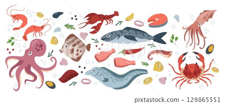 Seafood icon. Fish various, lobster, shrimp, crab and octopus. Marine underwater animal. Tuna menu, salmon in sea. Ocean creatures for restaurant menu. Vector tidy symbol cartoon flat isolated set Seafood icon. Fish various, lobster, shrimp, crab and octopus. Marine underwater animal. Tuna menu, salmon in sea. Ocean creatures for restaurant menu. Vector tidy symbol cartoon flat isolated set 129865551