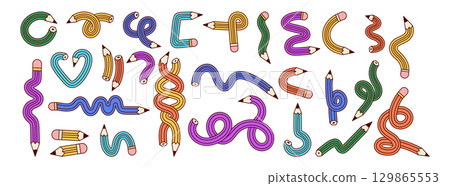 Pencil doodle. Curved pen bright. School tool, funny cartoon shape for study. Hand drawn kids education stationery cute equipment. Art class, office supplies. Vector drawing garish icon isolated set 129865553
