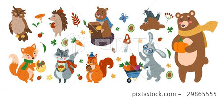 Autumn animals. Fall forest. Bear hold pumpkin, cute fox, funny rabbit, squirrel and hedgehog with harvest. Cute mushroom and leaf. Woodland celebration scrapbook. Vector cartoon tidy isolated set 129865555