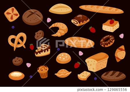 Bakery dessert. Sweets, pastry cartoon isolated elements. Sticker cookie, different bread, cupcake, traditional pie, cake slice. Cute cafe food background. Menu design hand drawn. Vector tidy icon set 129865556