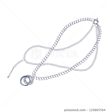 Two silver chains of different weaves with round pendants. Isolated watercolor illustration of jewelry for catalog design, shop windows, corporate packaging, interior design and wedding events. Two silver chains of different weaves with round pendants. Isolated watercolor illustration of jewelry for catalog design, shop windows, corporate packaging, interior design and wedding events. 129865564