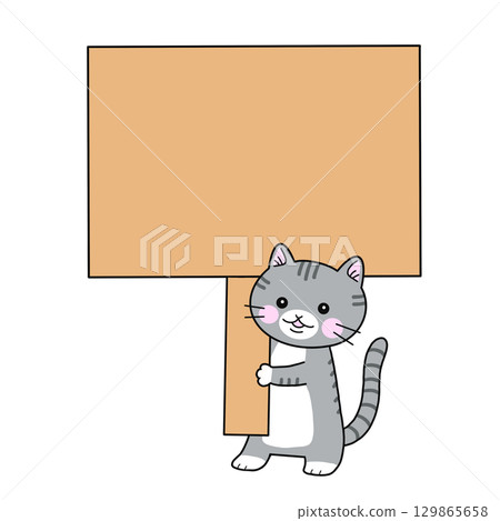 A tabby cat holding a sign 129865658
