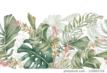 Hawaiian Foliage watercolor seamless edge isolated white. Soft tropical leaves and pink branches on repeated design. Palm horizontal endless background for packaging borders, wallpaper, textile. 129865726
