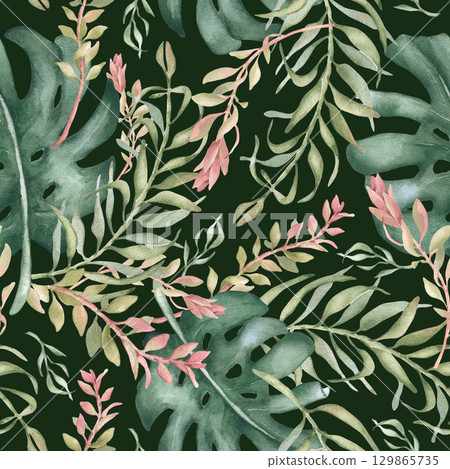 Tropical botanical seamless print isolated on black. Lush monstera and areca palm leaves in green and pink watercolor hand painted. Jungle foliage repeated pattern for swimwear, textile beach design. Tropical botanical seamless print isolated on black. Lush monstera and areca palm leaves in green and pink watercolor hand painted. Jungle foliage repeated pattern for swimwear, textile beach design. 129865735