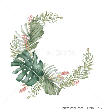 Tropical Watercolor circle frame with monstera and palm leaves in soft pink and green isolated on white. Lush botanical wreath of exotic plants hand drawn. Frame for wedding invitations Hawaii style. 129865742