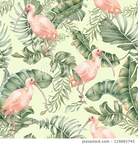 Tropical paradise seamless print isolated on white. Watercolor pink ibis in banana leaves and tropical palms in muted greens hand drawn. Exotic bird on botanical repeat pattern for swimwear fabric. 129865745