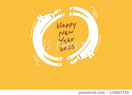 兩匹可愛的白馬繞圈奔跑的新年卡片模板2026橫向圓形黃色 129865799