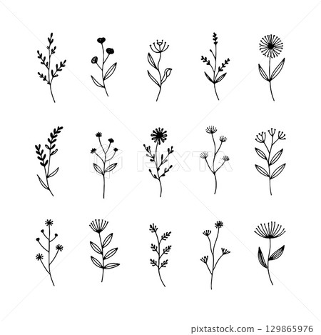 Whimsical Mini Flowers. A lively group of varied small flower icons with playful shapes and organic balance, ideal for fun and casual designs. 129865976