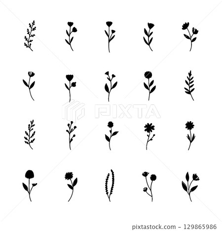 Whimsical Mini Flowers. A lively group of varied small flower icons with playful shapes and organic balance, ideal for fun and casual designs. 129865986