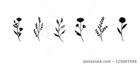 Whimsical Mini Flowers. A lively group of varied small flower icons with playful shapes and organic balance, ideal for fun and casual designs. Whimsical Mini Flowers. A lively group of varied small flower icons with playful shapes and organic balance, ideal for fun and casual designs. 129865998