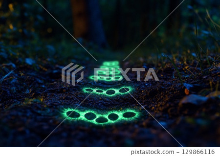 Cat explores glowing tracks in a mysterious forest at night revealing fantasy and intrigue 129866116