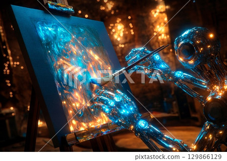 Fusion of AI and human creativity with a glowing mechanical hand painting on a canvas in an artistic studio at night 129866129