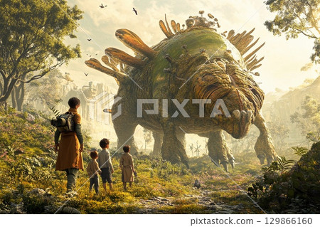 Family enjoys a peaceful moment with large genetically engineered animal in a vibrant landscape at sunset 129866160