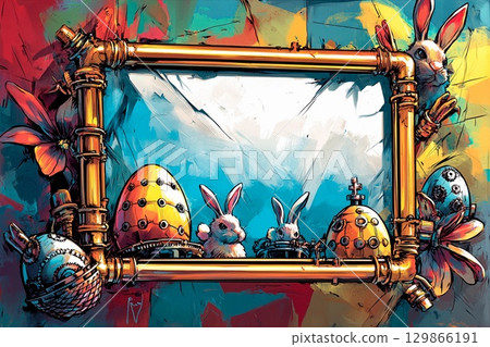 Steampunk multicolor frame decorated with whimsical eggs and nature elements 129866191