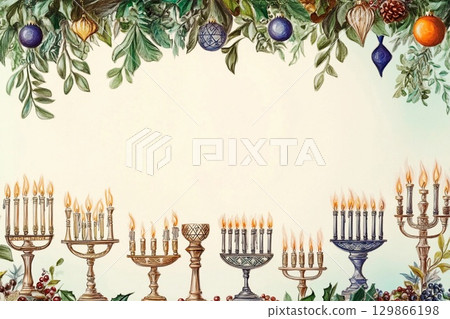 Beautifully arranged Hanukkah menorah with lit candles glowing softly in a peaceful setting 129866198