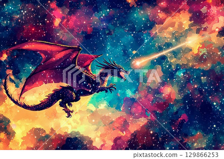 Magical dragon chases shooting star through vibrant galactic sky in a cosmic dance of wonder Magical dragon chases shooting star through vibrant galactic sky in a cosmic dance of wonder 129866253